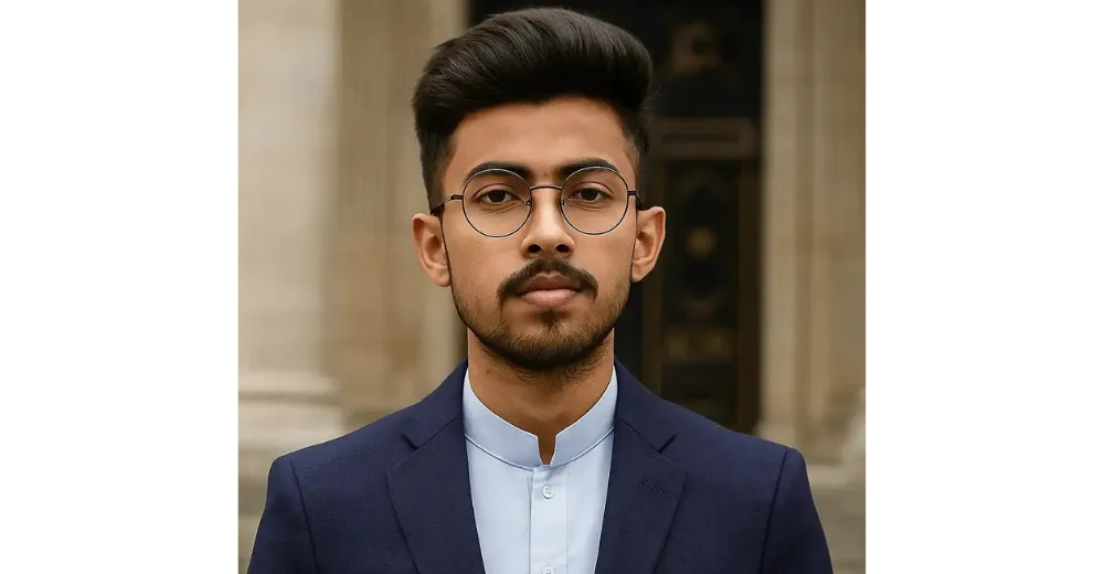 A young man with short dark hair, a trimmed beard, and round glasses is wearing a navy blue suit and light blue shirt, standing outdoors in front of a blurred stone building.