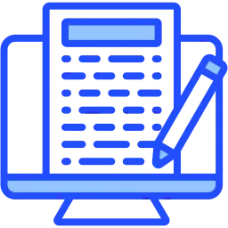 Blue icon of a computer monitor displaying a document with lines of text and a pencil writing on the screen, representing digital writing or online editing.