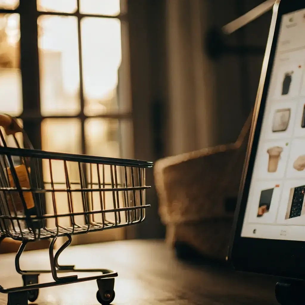 a shopping cart in front of a computer screen