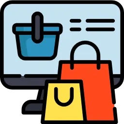 Illustration of a computer monitor displaying a shopping basket icon, with two colorful shopping bags (yellow and red) in front, representing online shopping or e-commerce.