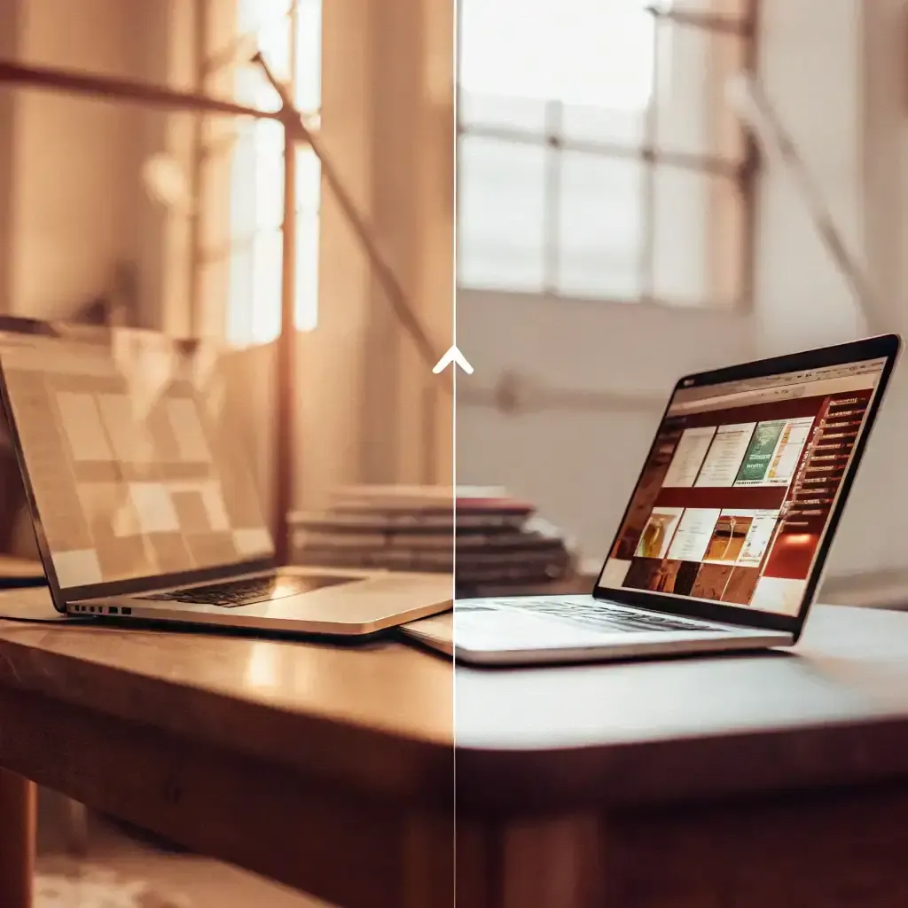 A split-image shows a laptop on a wooden desk in front of a window; the left side has a warm, orange filter, while the right side displays a cooler, more natural color tone.