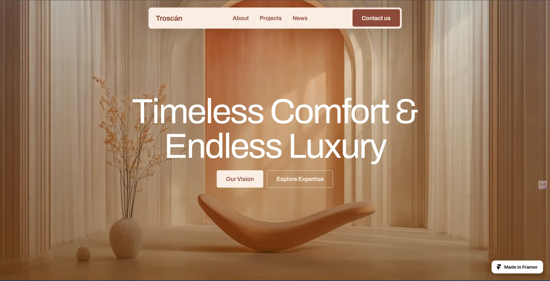 A minimal, elegant room with soft beige lighting features a modern wooden lounge chair, an arched doorway, and a vase with branches. Text overlay reads Timeless Comfort & Endless Luxury. Navigation menu is at the top.