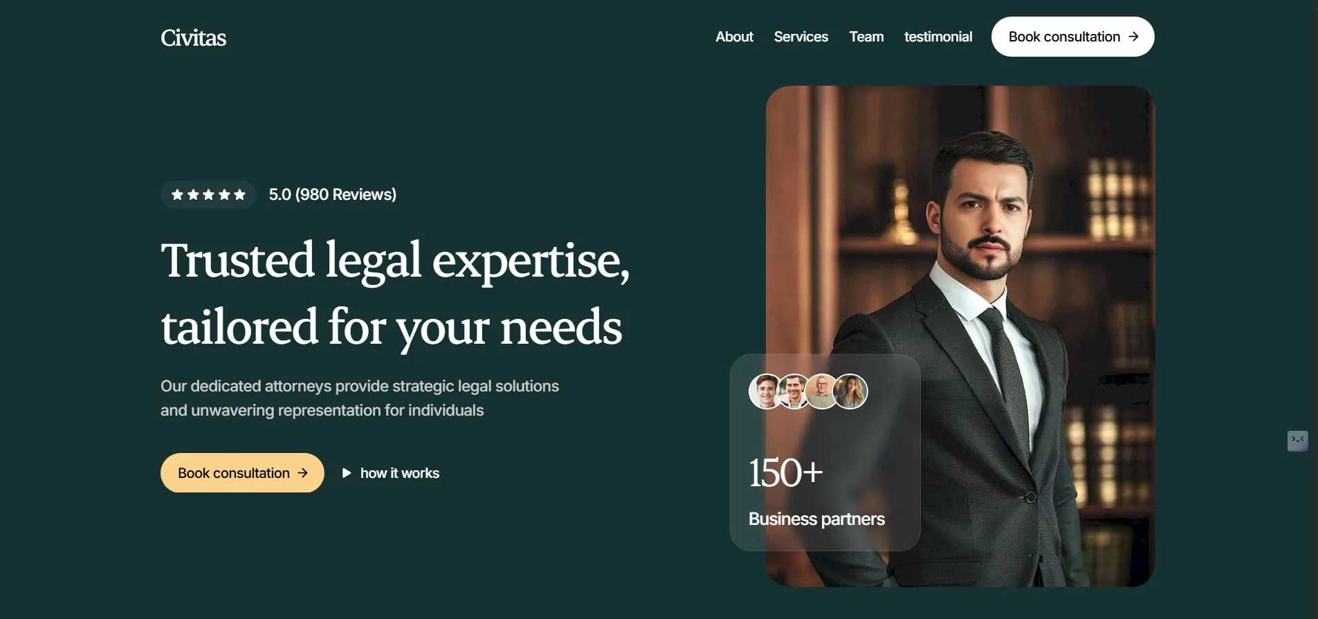 A professional man in a suit stands in a law office with bookshelves behind him. The website promotes legal services, displaying ratings, a call-to-action button, and mentions 150+ business partners.