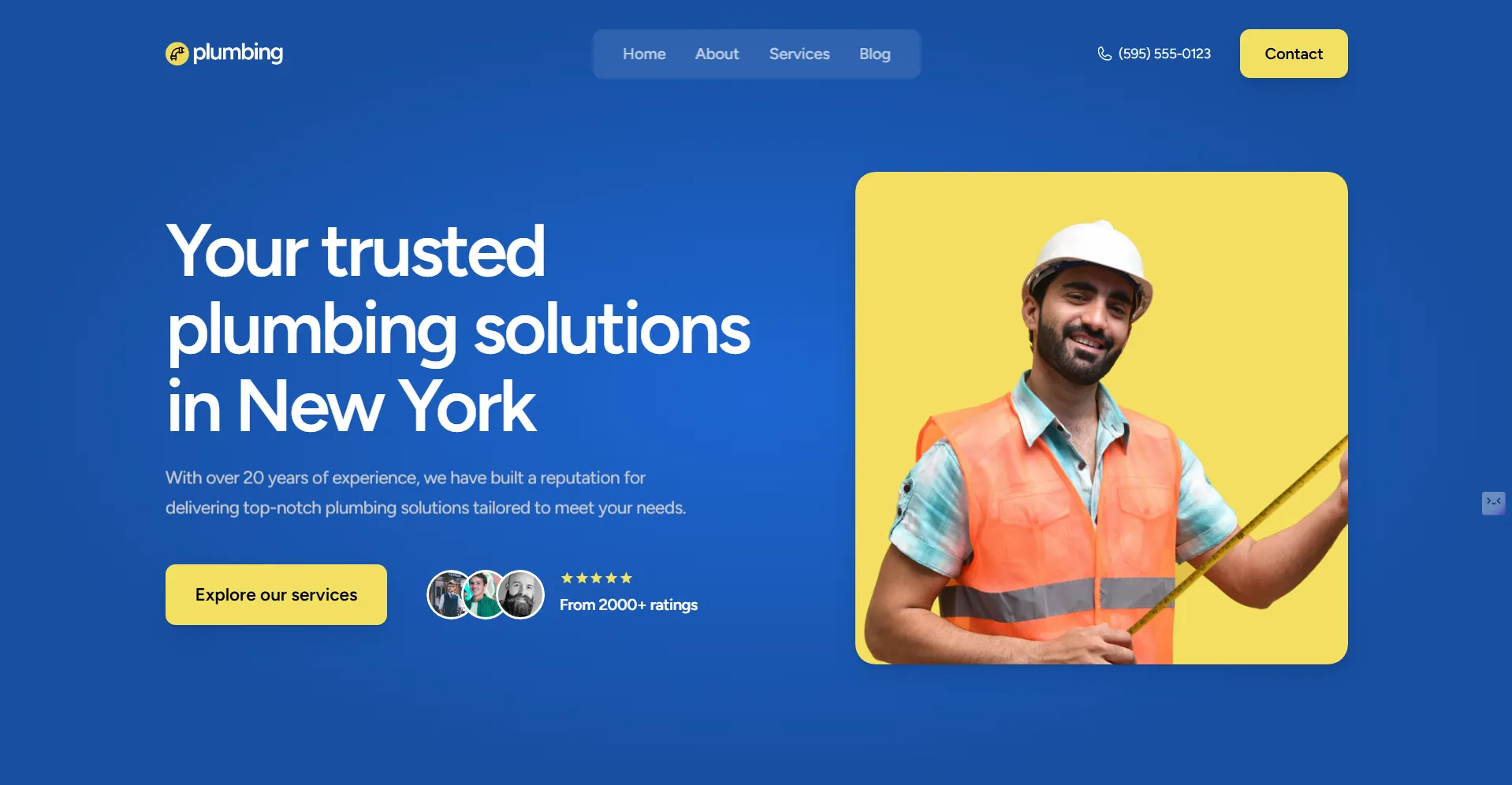A smiling plumber in a safety vest and hard hat holds measuring tape next to a website header that reads, Your trusted plumbing solutions in New York. Buttons, contact info, and menu are also visible.